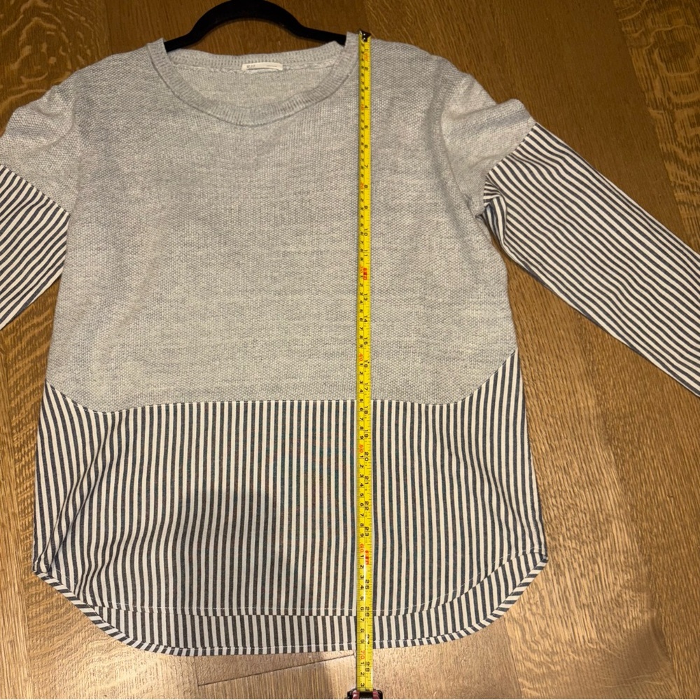 Striped Hem Gray Crewneck Sweater - Women - Picture 7 of 9
